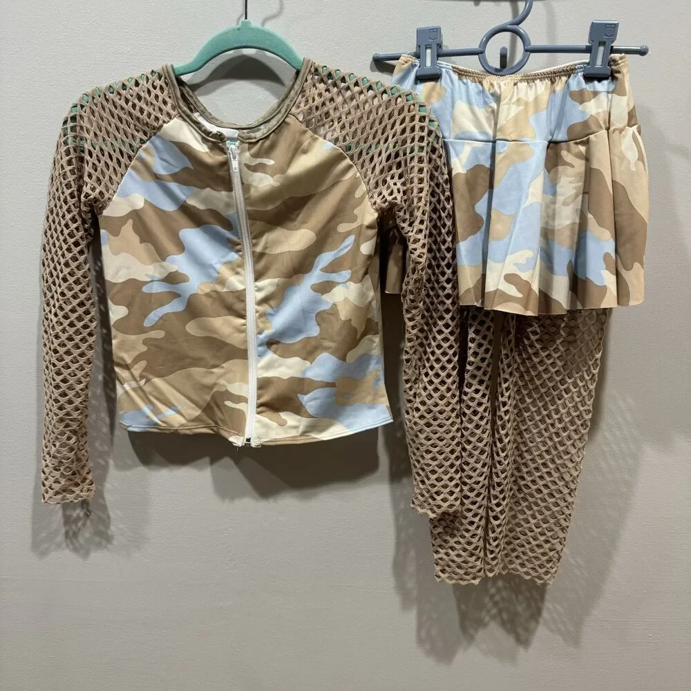 Dansco Dance Costume Camo Mesh Jacket Skirt Fishnet Leggings Girls sz Large